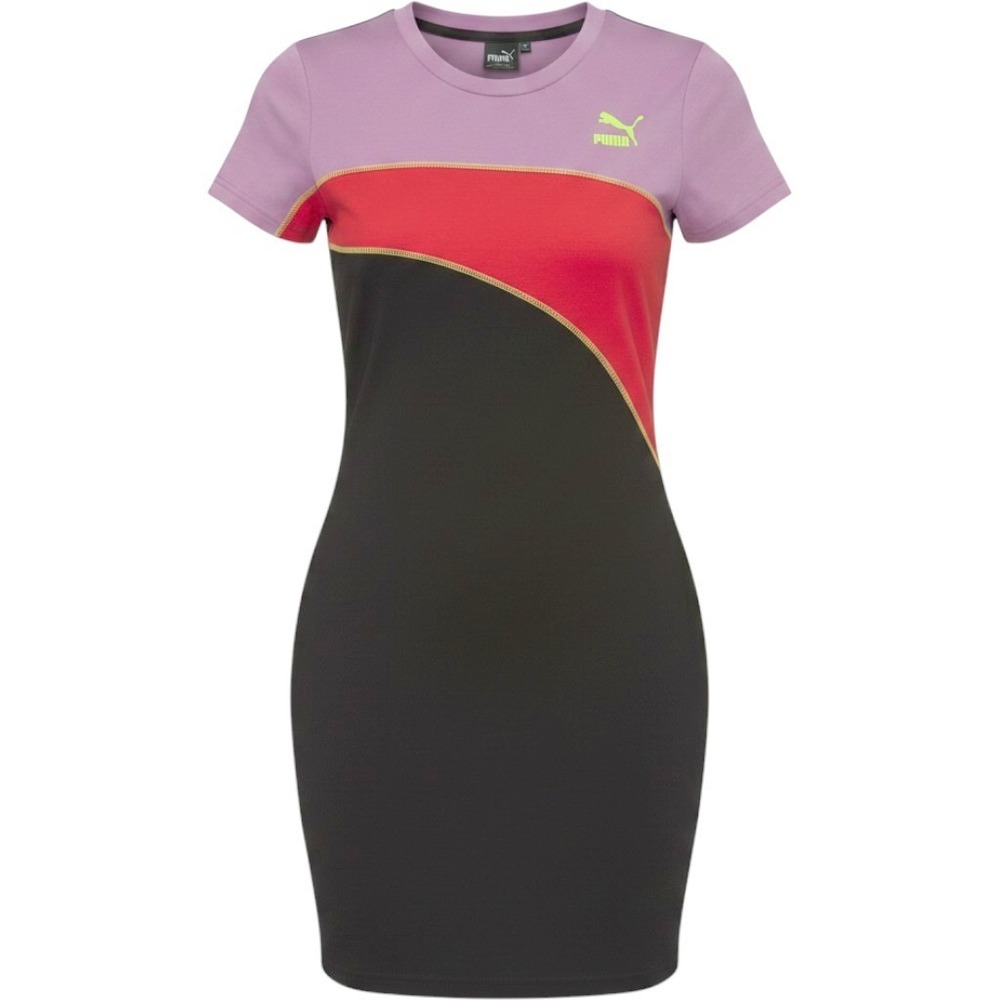Puma Womens XS Colorblock Bodycon Dress Purple Pink Black Short Sleeve Sporty